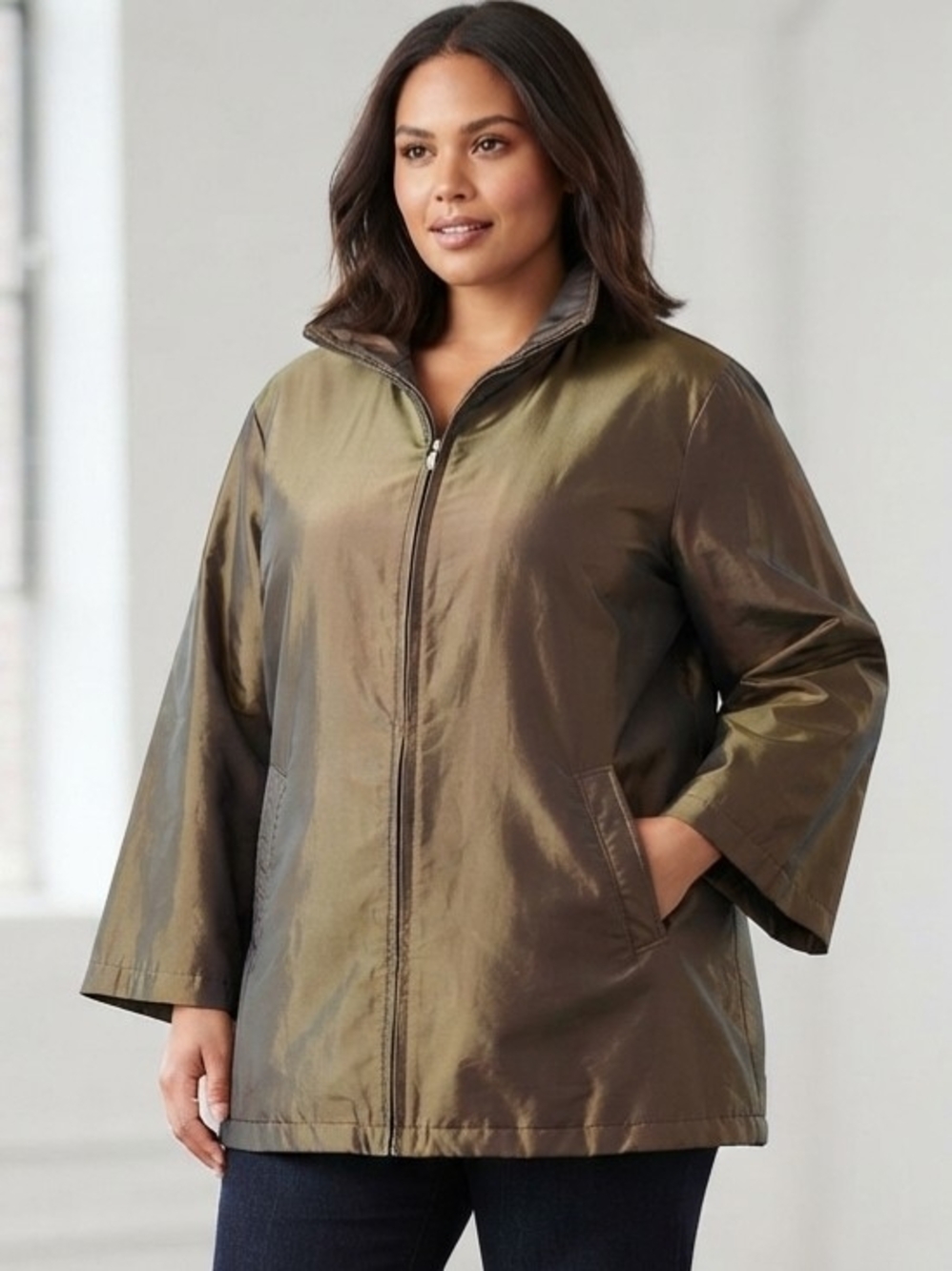 London Fog Olive Metallic Zip-Front Lightweight Jacket Size 16